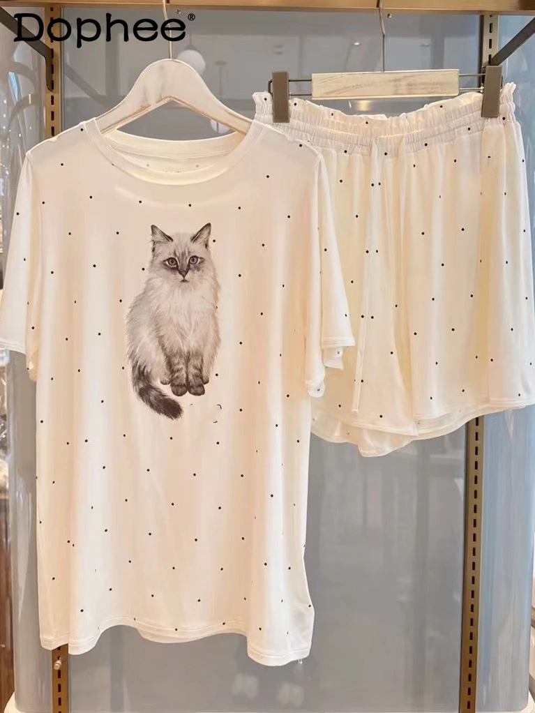 Summer New Soft Modal Cotton Cartoon Cat Polka Dot Short-sleeved Pajamas Drape Sweet Girl Loose Comfort Loungewear Set
Summer New Soft Modal Cotton Cartoon Cat Polka Dot Short-sleeved Pajamas Drape Sweet Girl Loose Comfort Loungewear Set