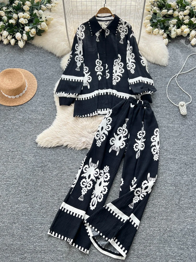 Retro Ethnic Style Printed Long Sleeve Shirt+elastic Waist Wide Leg Slim Fit Long Pants Ladies' Set Women's Summer
Retro Ethnic Style Printed Long Sleeve Shirt+elastic Waist Wide Leg Slim Fit Long Pants Ladies' Set Women's Summer