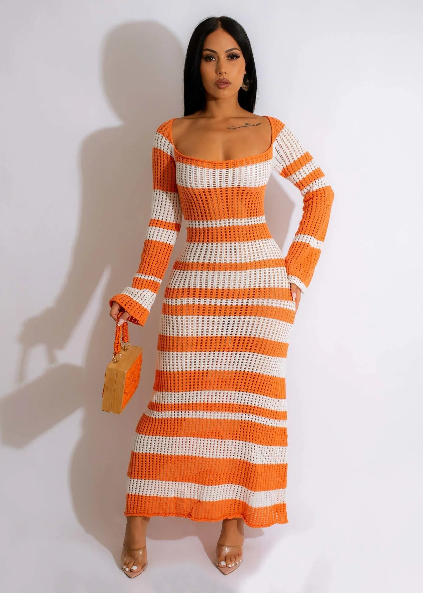 Women Fashion Knitted Flare Dress Sequare Neck Flare Sleeve Hollow Out Maxi Dresses Beach Striped Knit Dresses
Women Fashion Knitted Flare Dress Sequare Neck Flare Sleeve Hollow Out Maxi Dresses Beach Striped Knit Dresses