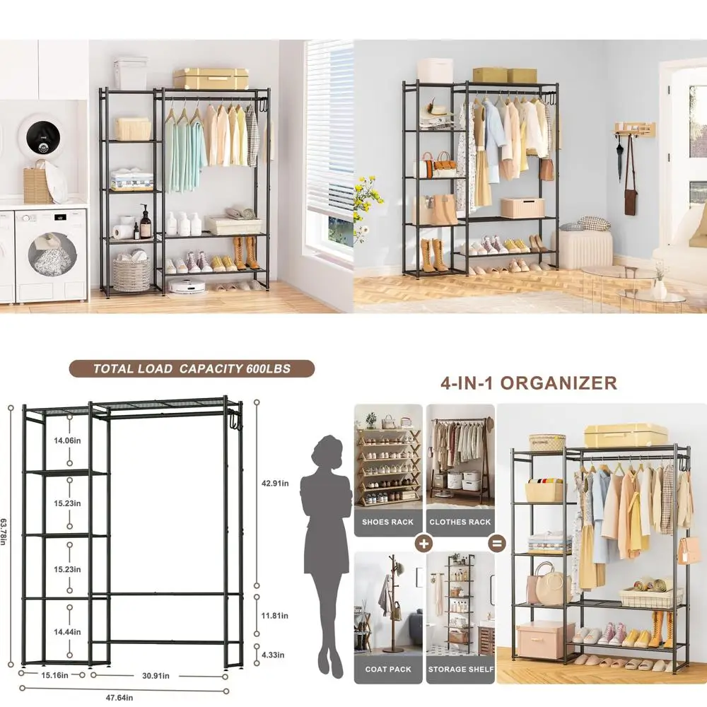 Portable Free-Standing Closet Organizer with 4-Tier Shelves for Hanging Clothes and Storage in Black
Portable Free-Standing Closet Organizer with 4-Tier Shelves for Hanging Clothes and Storage in Black
