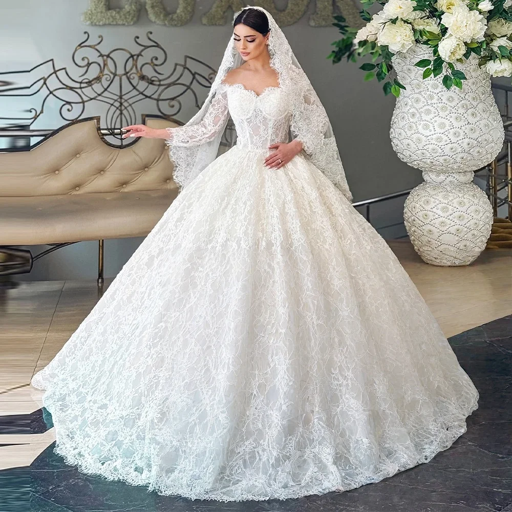 Customzied Romantic Long Sleeves Lace A-Line Customized Boat-Neck Wedding Dress Off Shoulder Backless Court Train Bride 
Customzied Romantic Long Sleeves Lace A-Line Customized Boat-Neck Wedding Dress Off Shoulder Backless Court Train Bride
