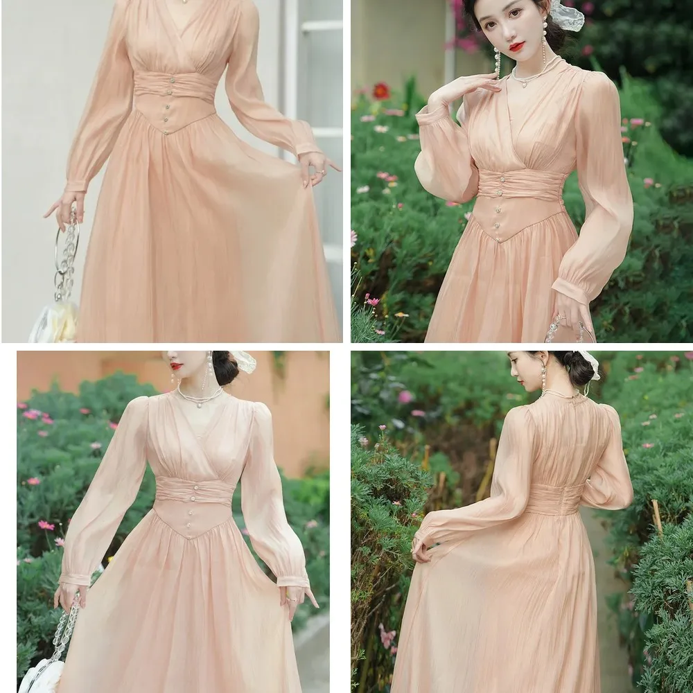 Vintage French Style Champagne Chiffon Fairy Dress for Women, V-Neck Long Sleeve Elegant Party Gown
Vintage French Style Champagne Chiffon Fairy Dress for Women, V-Neck Long Sleeve Elegant Party Gown