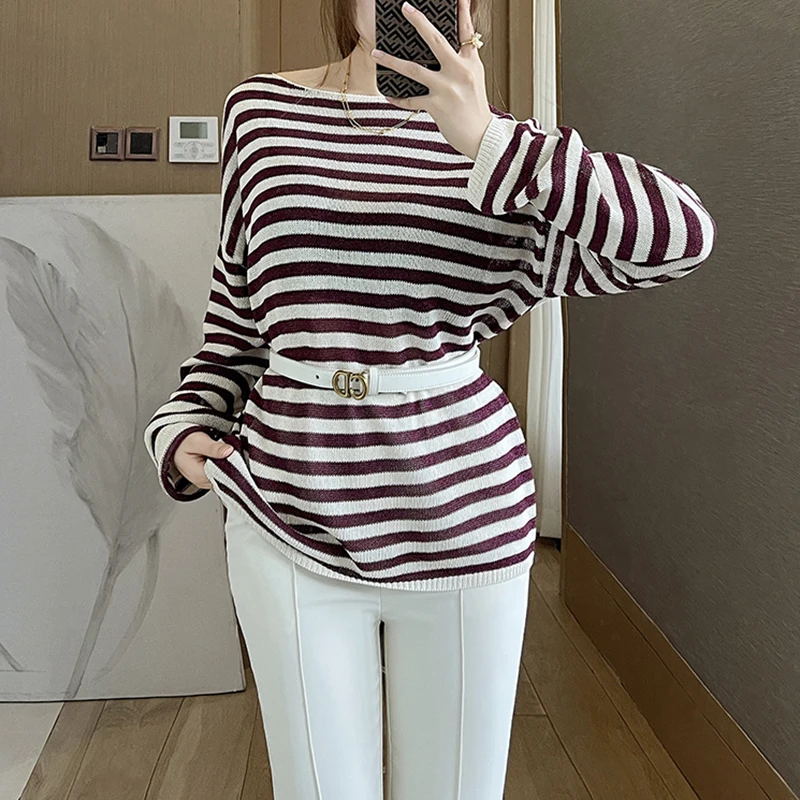Breathable Summer Knit Top - Striped Washi Yarn Weave Oversized Off-Shoulder Design Women's Textured Lounge Chic
Breathable Summer Knit Top - Striped Washi Yarn Weave Oversized Off-Shoulder Design Women's Textured Lounge Chic