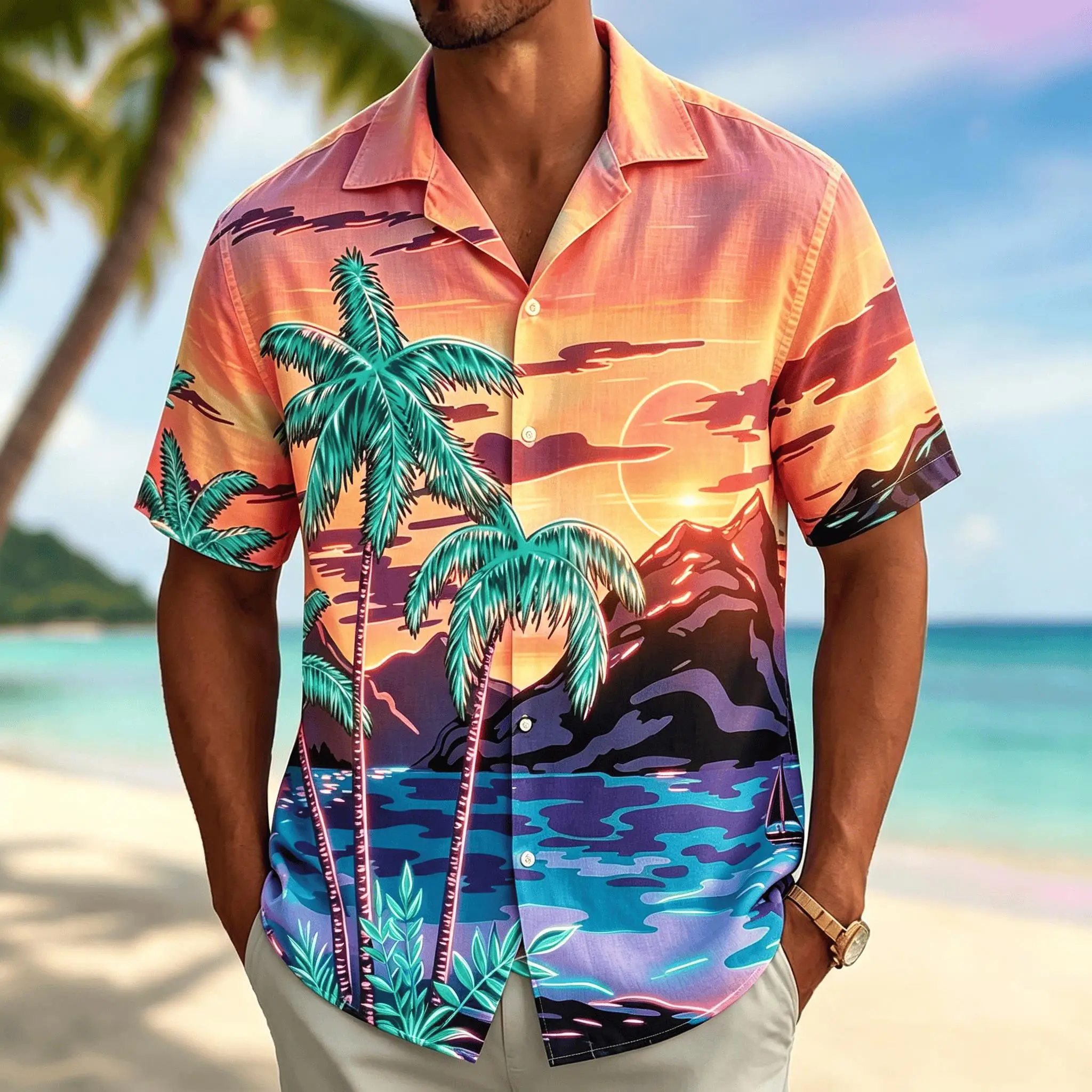Men's Neon Sunset Palm Print Short Sleeve Shirt, Vaporwave Hawaiian Beach Landscape Casual Button Down for Spring Summer
Men's Neon Sunset Palm Print Short Sleeve Shirt, Vaporwave Hawaiian Beach Landscape Casual Button Down for Spring Summer