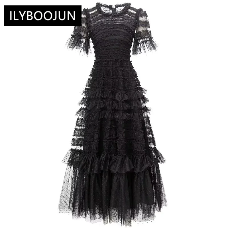 Autumn Dot Mesh Dress Women O-Neck Butterfly Sleeve Cascading Ruffle Vintage Party Black Long Dress
Autumn Dot Mesh Dress Women O-Neck Butterfly Sleeve Cascading Ruffle Vintage Party Black Long Dress