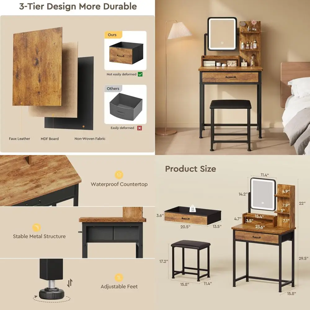 Компактный туалетный столик с зеркалом, тканевыми ящиками для хранения, стулом и полками, в деревенском стиле, коричневый, для спальни
Компактный туалетный столик с зеркалом, тканевыми ящиками для хранения, стулом и полками, в деревенском стиле, коричневый, для спальни