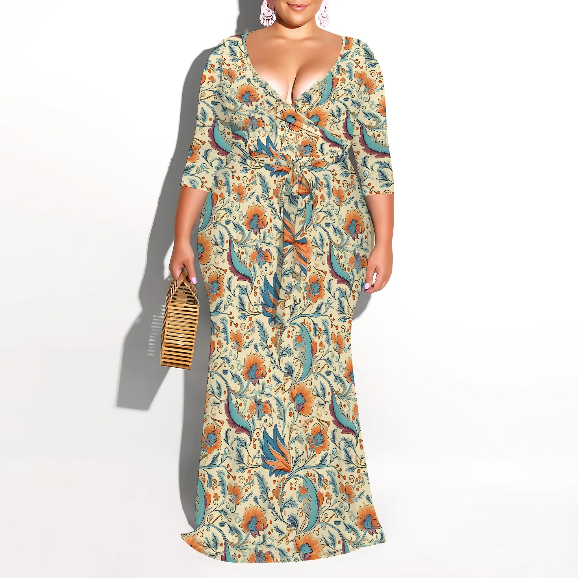 Plus Size V Neck Ethnic Floral Maxi Dress 3/4 Sleeve Boho Style Beach Wrap Dress
Plus Size V Neck Ethnic Floral Maxi Dress 3/4 Sleeve Boho Style Beach Wrap Dress