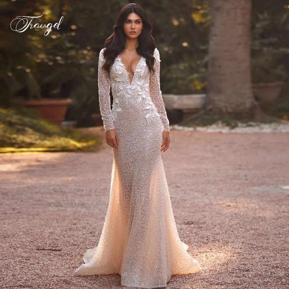 Traugel Элегантное кружевное свадебное платье русалки с открытой спиной и длинными рукавами Роскошное свадебное платье с аппликацией из бисера и шлейфом в винтажном стиле
Traugel Элегантное кружевное свадебное платье русалки с открытой спиной и длинными рукавами Роскошное свадебное платье с аппликацией из бисера и шлейфом в винтажном стиле