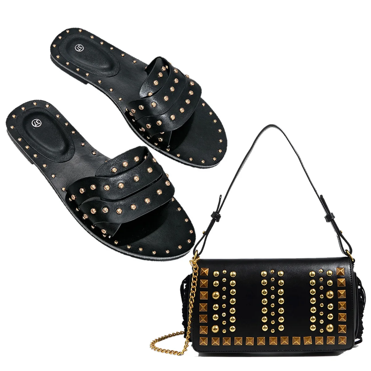 Women's Summer New Wear Rivet Flat Slippers Plus Size Non-slip Beach Holiday Flat Slippers with New Rivet Shoulder Wrist Bag
Women's Summer New Wear Rivet Flat Slippers Plus Size Non-slip Beach Holiday Flat Slippers with New Rivet Shoulder Wrist Bag