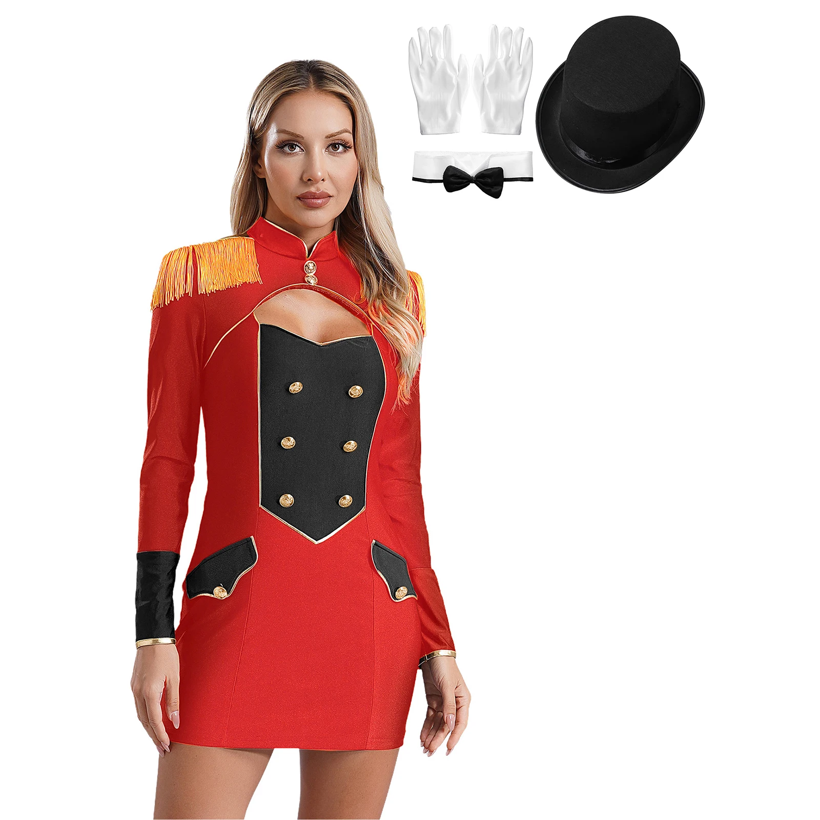 4Pcs Circus Ringmaster Magician Uniform Women Long Sleeve Tassel Epaulettes Bodycon Dress with Top Hat Gloves Bow Collar Suits
4Pcs Circus Ringmaster Magician Uniform Women Long Sleeve Tassel Epaulettes Bodycon Dress with Top Hat Gloves Bow Collar Suits