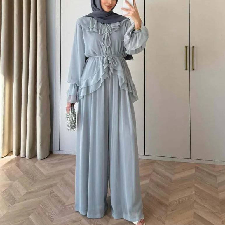 Women Top Wide Leg Pants 2 Piece Set Ramadan Eid Muslim Blouse Trousers Arabic Outfits Morocco Lace Up Dubai Islam Ensemble
Women Top Wide Leg Pants 2 Piece Set Ramadan Eid Muslim Blouse Trousers Arabic Outfits Morocco Lace Up Dubai Islam Ensemble