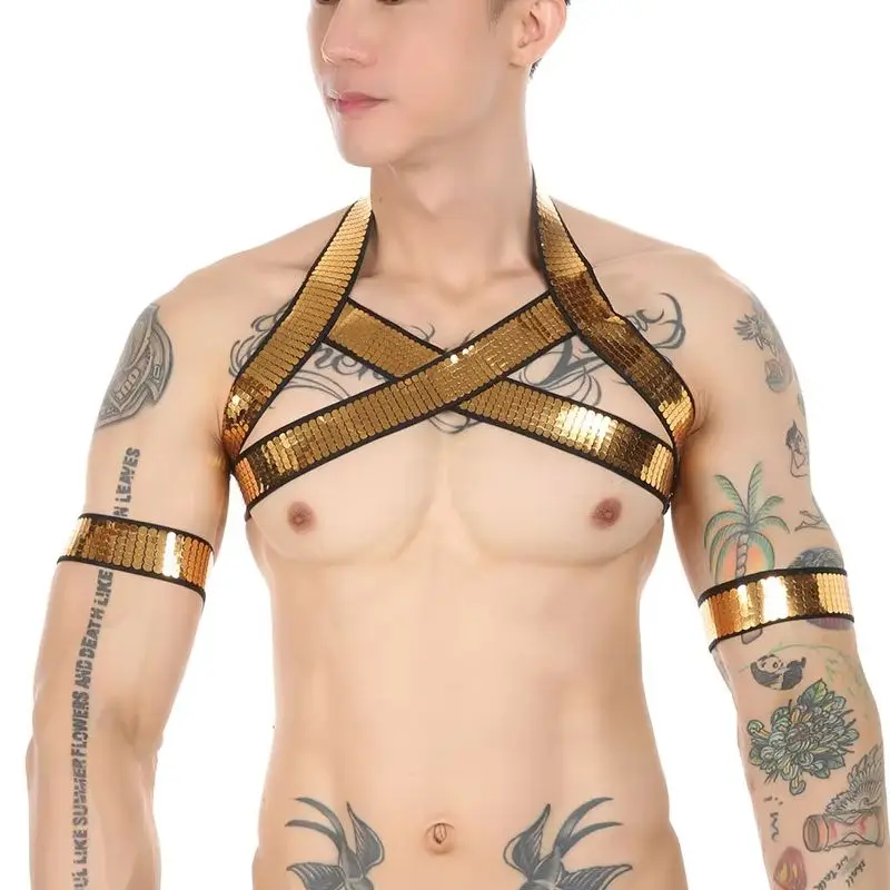 With 2 Arm Bands Men's Golden Shiny Harness Men Bondage for Nightclub Halter Neck Elastic Straps Lingerie Body Chest Harness
With 2 Arm Bands Men's Golden Shiny Harness Men Bondage for Nightclub Halter Neck Elastic Straps Lingerie Body Chest Harness