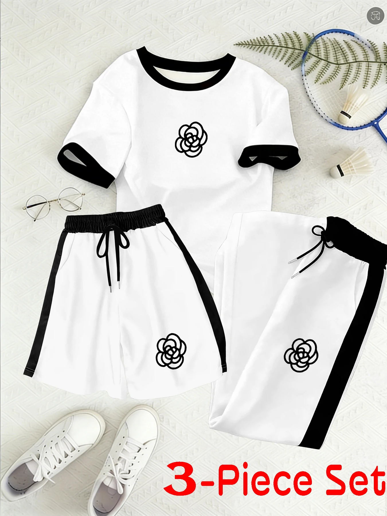 Personalized Prints, Color-Blocking Design Three-Piece Women's Set, Short-Sleeved Tops and Wide-Leg Long Pants and Shorts for Spring and Summer, Casual Sports Women's 3-Piece Outfit for Daily Commuting, Street Strolls, Campus Outings, and Stylish Women's
Personalized Prints, Color-Blocking Design Three-Piece Women's Set, Short-Sleeved Tops and Wide-Leg Long Pants and Shorts for Spring and Summer, Casual Sports Women's 3-Piece Outfit for Daily Commuting, Street Strolls, Campus Outings, and Stylish Women's