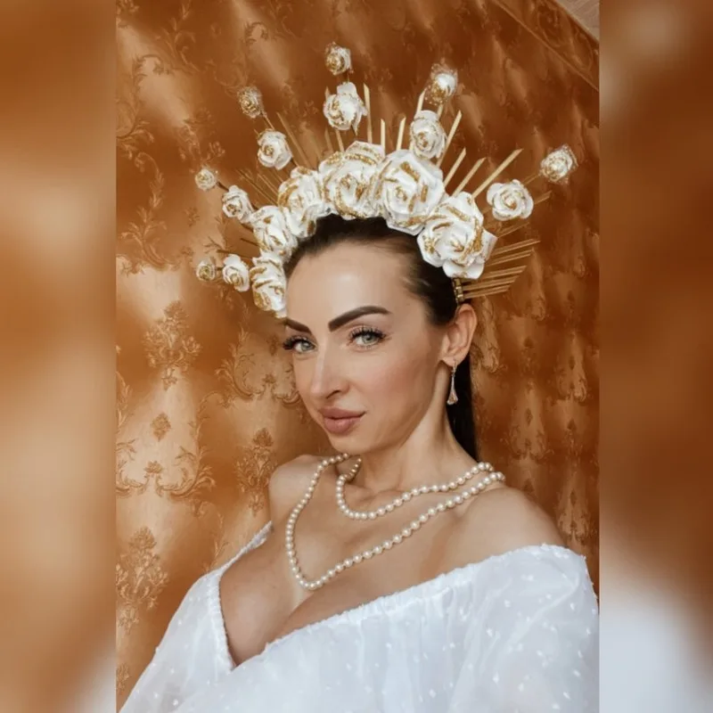 Gold Halo Spike Crown.Bride headpiece, bachelorette Mary headband, roses flowers Women's Accessories Halloween Costume Headdress
Gold Halo Spike Crown.Bride headpiece, bachelorette Mary headband, roses flowers Women's Accessories Halloween Costume Headdress