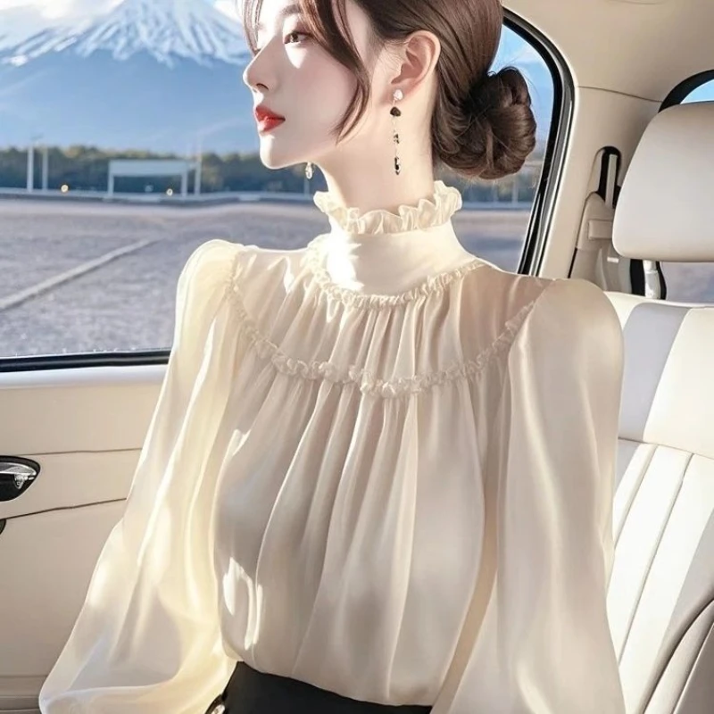 2025 French Style Spring Fall Fashion Elegant Women Ruffled Stand Collar Imitation Silk Beige Top T Shirt , Woman Fold Shirts
2025 French Style Spring Fall Fashion Elegant Women Ruffled Stand Collar Imitation Silk Beige Top T Shirt , Woman Fold Shirts