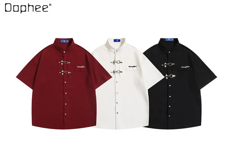 Men's Summer American Retro High Street Loose Casual Black White Red Lapel Short Sleeve Shirt with Metal Buckle Design
Men's Summer American Retro High Street Loose Casual Black White Red Lapel Short Sleeve Shirt with Metal Buckle Design