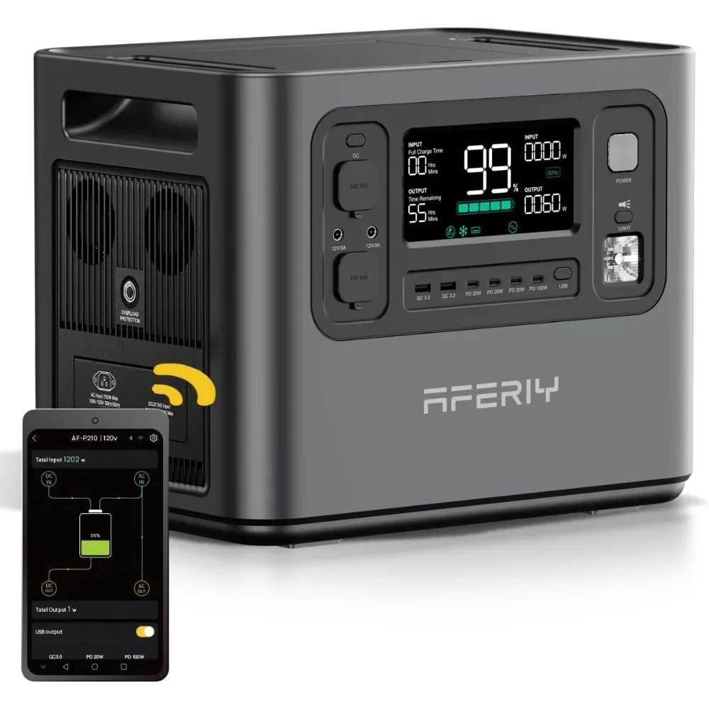 Портативная электростанция P210, 2400 Вт (4800 Вт пик), аккумулятор LiFePO4 2048 Втч, солнечная зарядка переменного тока 1100 Вт и 400 Вт для надежного резервного копирования
Портативная электростанция P210, 2400 Вт (4800 Вт пик), аккумулятор LiFePO4 2048 Втч, солнечная зарядка переменного тока 1100 Вт и 400 Вт для надежного резервного копирования