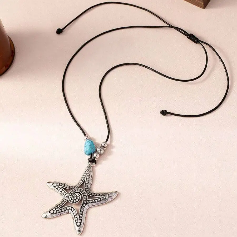 Exquisite Starfish Pendant Necklace With Turquoise Bead Bohemian Style For Women
Exquisite Starfish Pendant Necklace With Turquoise Bead Bohemian Style For Women