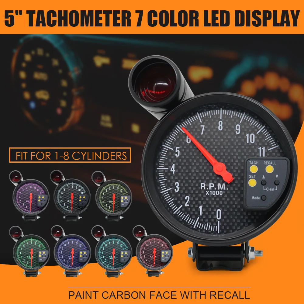 5 Inch Tachometer Gauge 7 Colors Backlight, 0-11,000 RPM Measurement with Shift Light Peak Sound LED Flash When RPM Warning
5 Inch Tachometer Gauge 7 Colors Backlight, 0-11,000 RPM Measurement with Shift Light Peak Sound LED Flash When RPM Warning