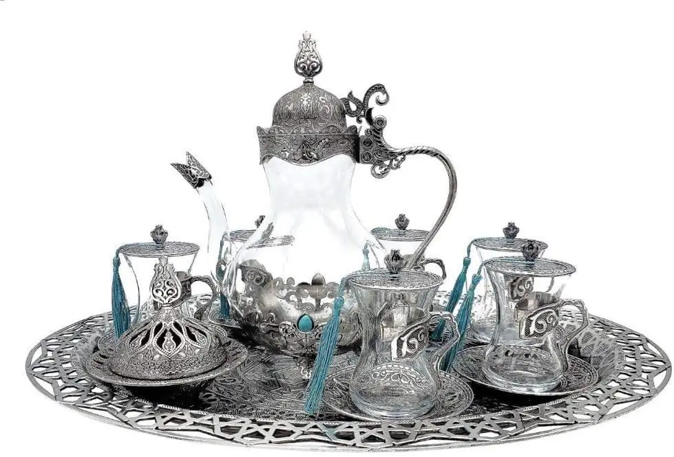 Traditional Ottoman Style Turkish Tea Set for 6 including Large Tray and Teapot Zinc Alloy and Glass (Silver)
Traditional Ottoman Style Turkish Tea Set for 6 including Large Tray and Teapot Zinc Alloy and Glass (Silver)