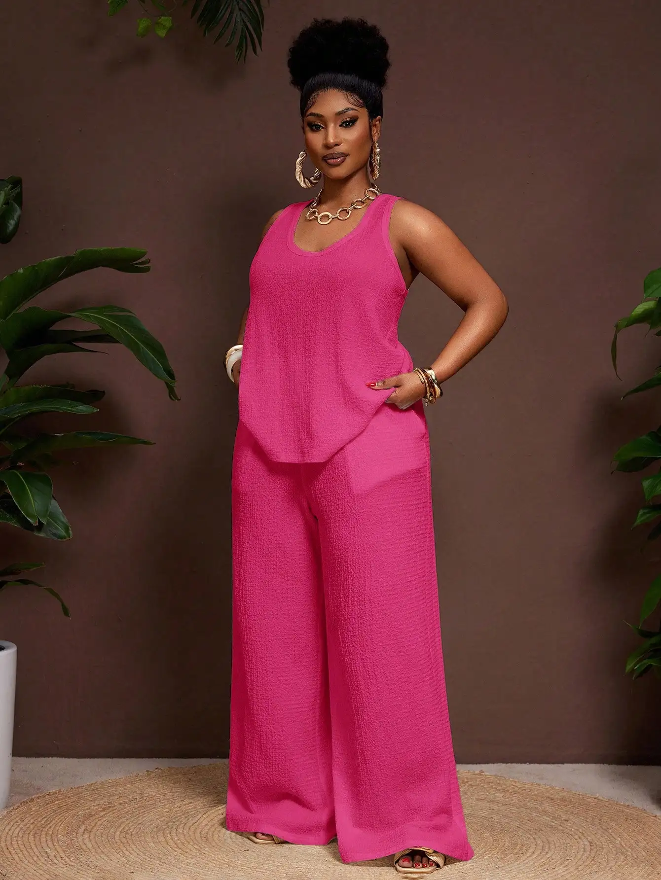 Loose Textured 2-Piece Set Sleeveless U-Neck Tank Top Elastic Waist Palazzo Pants
Loose Textured 2-Piece Set Sleeveless U-Neck Tank Top Elastic Waist Palazzo Pants