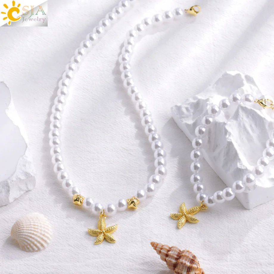 CSJA Imitation Pearl Bead Choker Starfish Pendant Necklace Elegant Bangle Bracelet Jewelry Set Gift for Women H518
CSJA Imitation Pearl Bead Choker Starfish Pendant Necklace Elegant Bangle Bracelet Jewelry Set Gift for Women H518