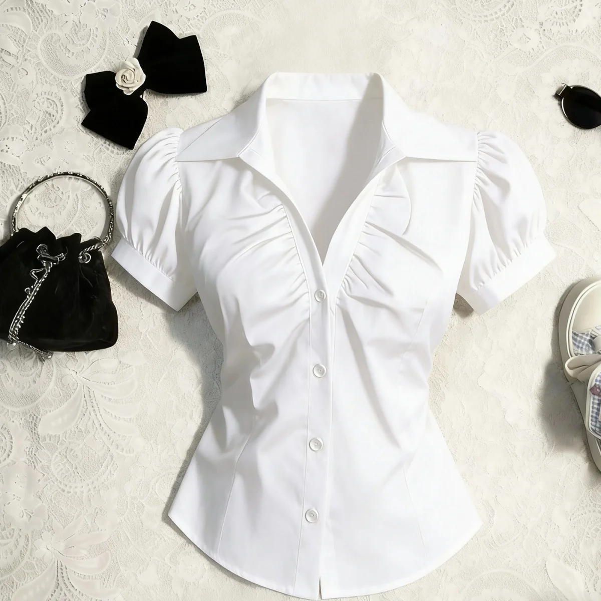 Retro Style White Shirt Women's Summer New Short Sleeve Waist Cinched Slimming Design Professional Top Trendy V-neck
Retro Style White Shirt Women's Summer New Short Sleeve Waist Cinched Slimming Design Professional Top Trendy V-neck