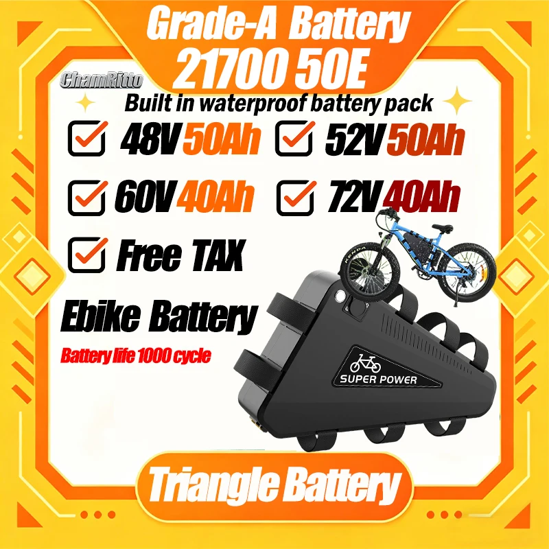 48V E bike 21700 Battery Rechargeable Cell 72V 60V 52V Triangle 30AH 40AH 50Ah Huge Capacity 1000W 2000W Super Powerful Battery
48V E bike 21700 Battery Rechargeable Cell 72V 60V 52V Triangle 30AH 40AH 50Ah Huge Capacity 1000W 2000W Super Powerful Battery