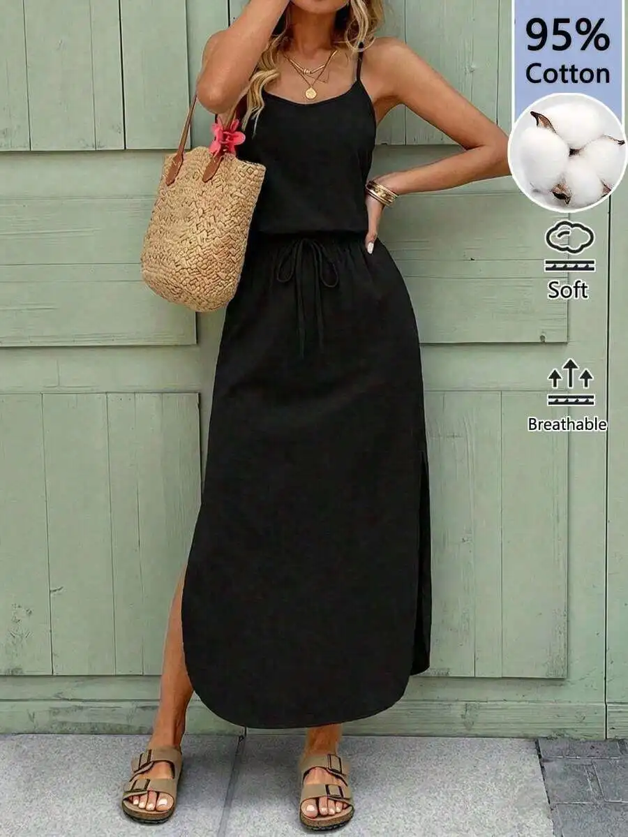 Womens Black Sleeveless Drawstring Maxi Dress With Side Slit Casual Summer Dress
Womens Black Sleeveless Drawstring Maxi Dress With Side Slit Casual Summer Dress
