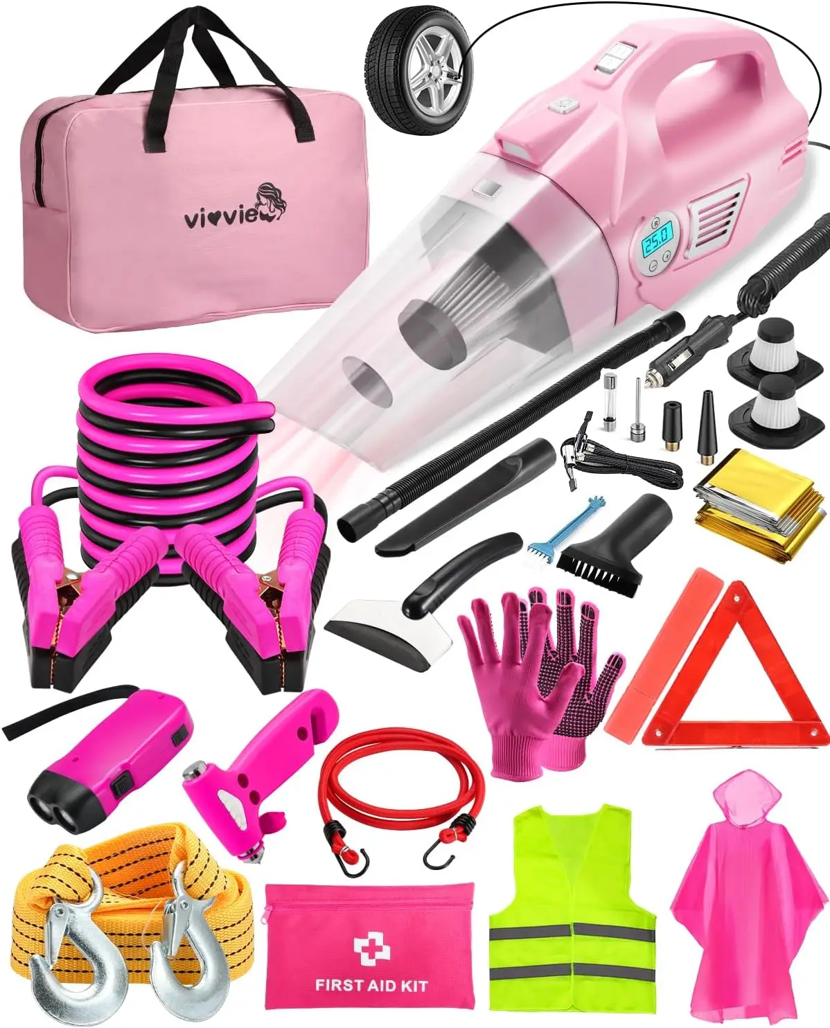 Pink Emergency Car Kit with Inflatable Vacuum, Jumper Cables, First Aid, Tow Rope - Essential Road Trip Accessories for Women
Pink Emergency Car Kit with Inflatable Vacuum, Jumper Cables, First Aid, Tow Rope - Essential Road Trip Accessories for Women