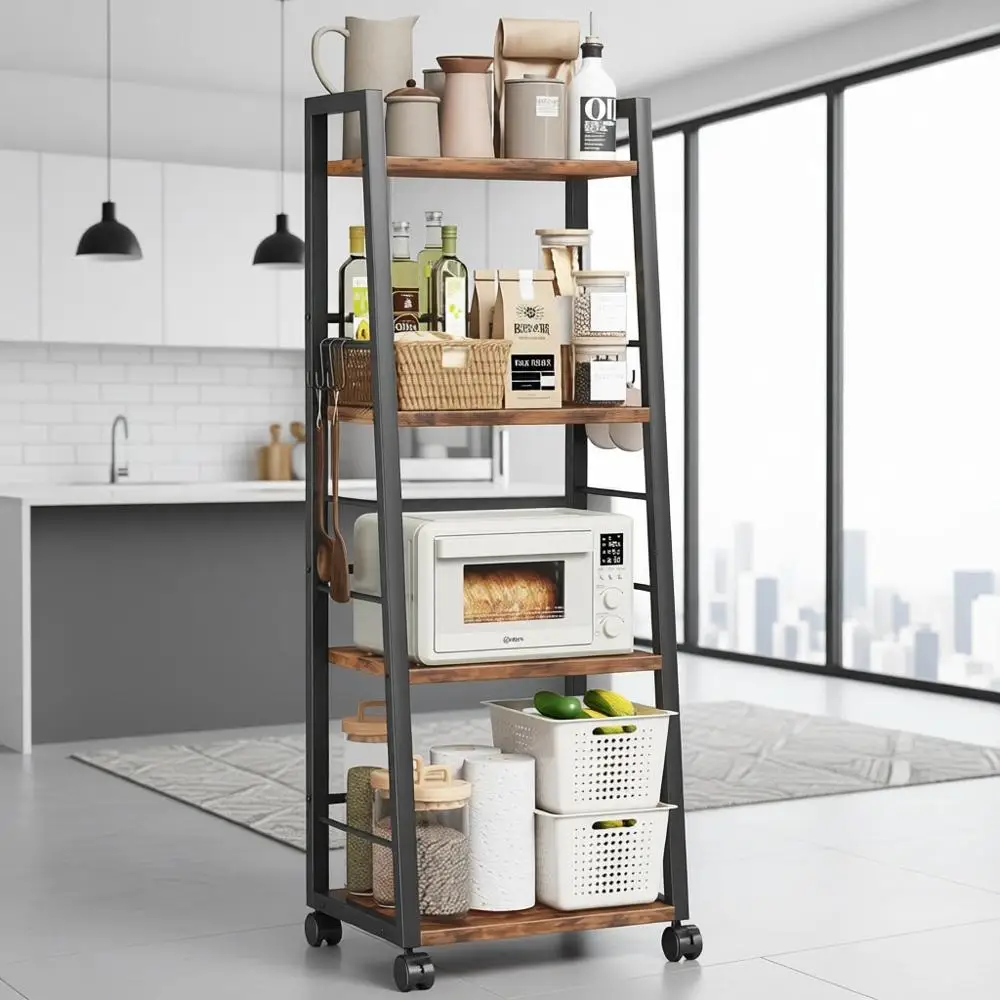 4-Tier Lockable Wheel Kitchen Cart with Hooks, Mobile Utility Organizer for Small Spaces, Rustic Brown
4-Tier Lockable Wheel Kitchen Cart with Hooks, Mobile Utility Organizer for Small Spaces, Rustic Brown