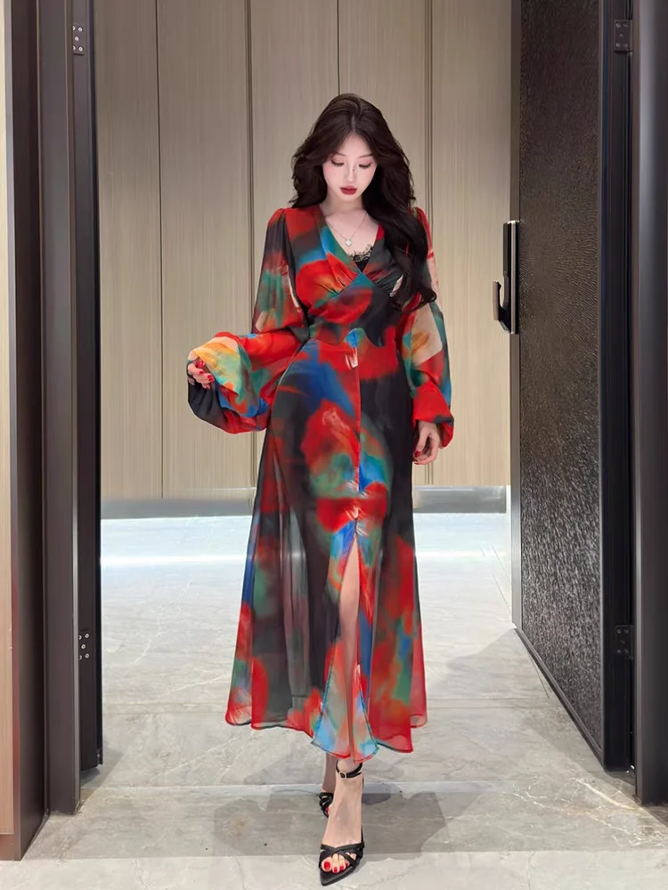 SYJ Comfortable V-Neck Printed Long Dress Slimming Vacation Wear Loose Fit High Waist A-Line Skirt Korean Style
SYJ Comfortable V-Neck Printed Long Dress Slimming Vacation Wear Loose Fit High Waist A-Line Skirt Korean Style