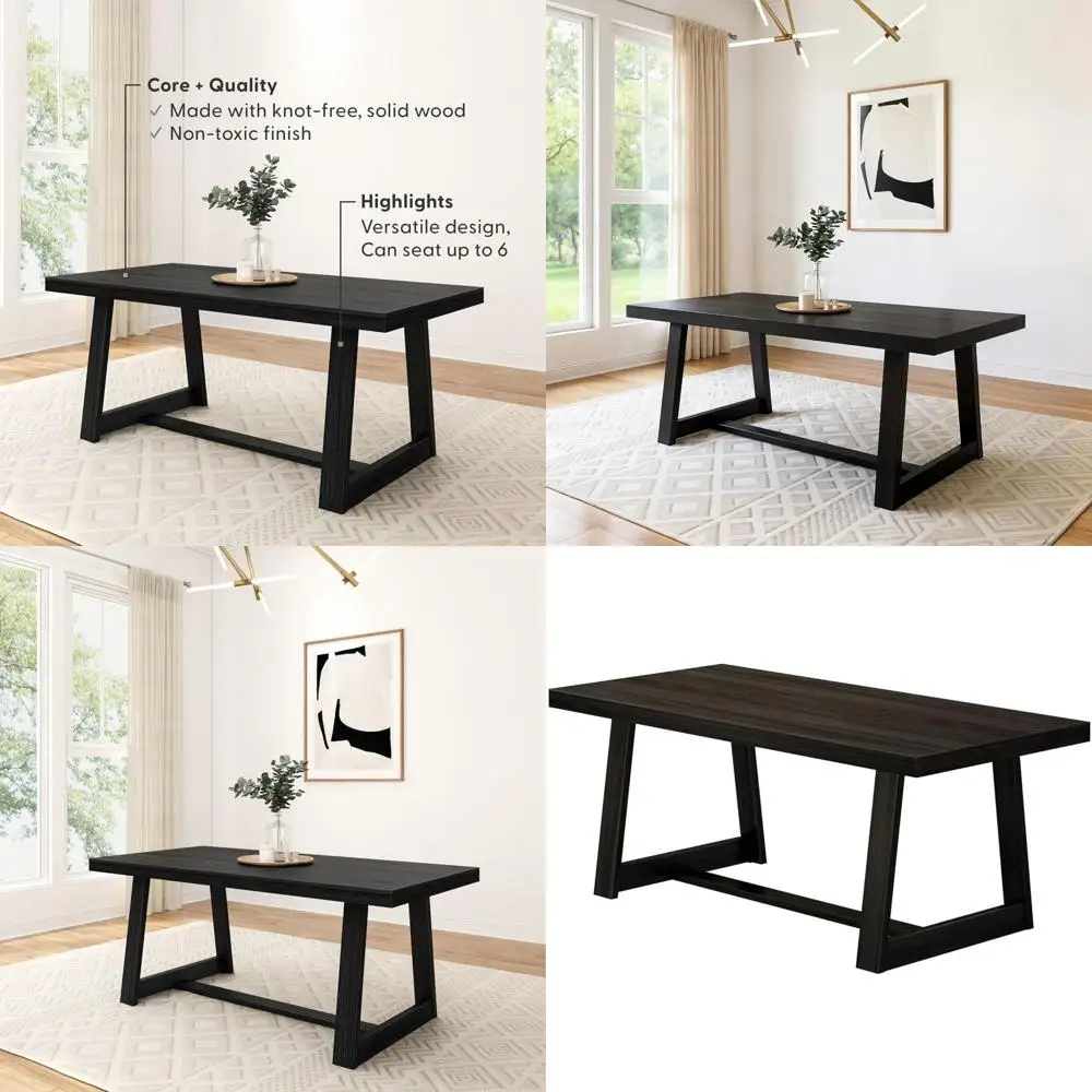 72 Inch Rustic Solid Wood Dining Table, Large Rectangular Kitchen Table, Easy Assembly, Black Wirebrush Finish