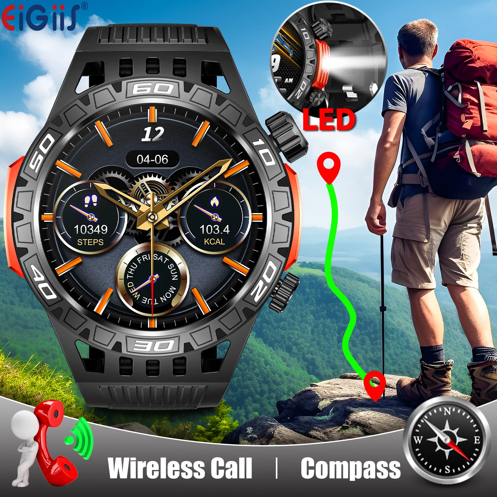 EIGIIS Smart Watch for Men with LED Flashlight Compass 1.46" Full Touch Screen Activity Tracker 450mAh Battery 100+Sports Modes
EIGIIS Smart Watch for Men with LED Flashlight Compass 1.46" Full Touch Screen Activity Tracker 450mAh Battery 100+Sports Modes