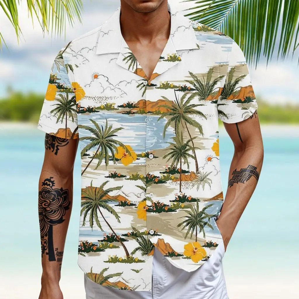 Men's Spring Summer 3D Printed Lapel Button Down Shirt, White Base Island Palm Yellow Flower Hand Drawn Scenery Retro Print Top
Men's Spring Summer 3D Printed Lapel Button Down Shirt, White Base Island Palm Yellow Flower Hand Drawn Scenery Retro Print Top