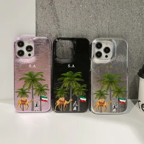 Gepersonaliseerde Initial Koeweit Naam Letters Lederen Case Voor Iphone 16 pro 15 pro max 14 13 12 Mini 11 Luxe kafr letters Covers