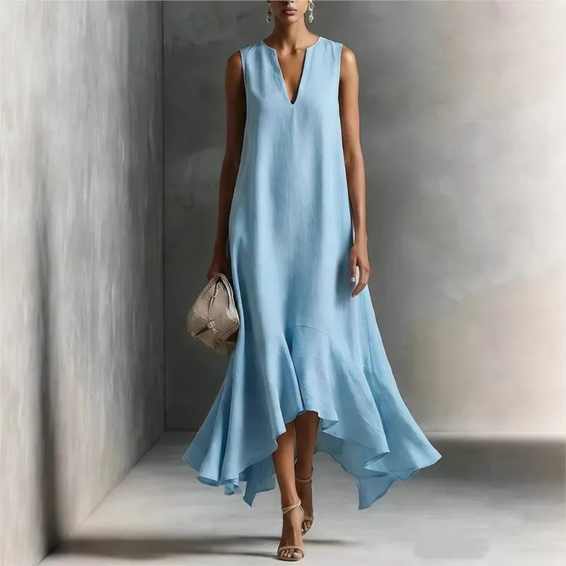 Fashion New V Neck Vacation Dresses Woman Casual Solid Ruffle Hem Loose Dress Summer Sleeveless Irregular Long Dress Vestidos
Fashion New V Neck Vacation Dresses Woman Casual Solid Ruffle Hem Loose Dress Summer Sleeveless Irregular Long Dress Vestidos