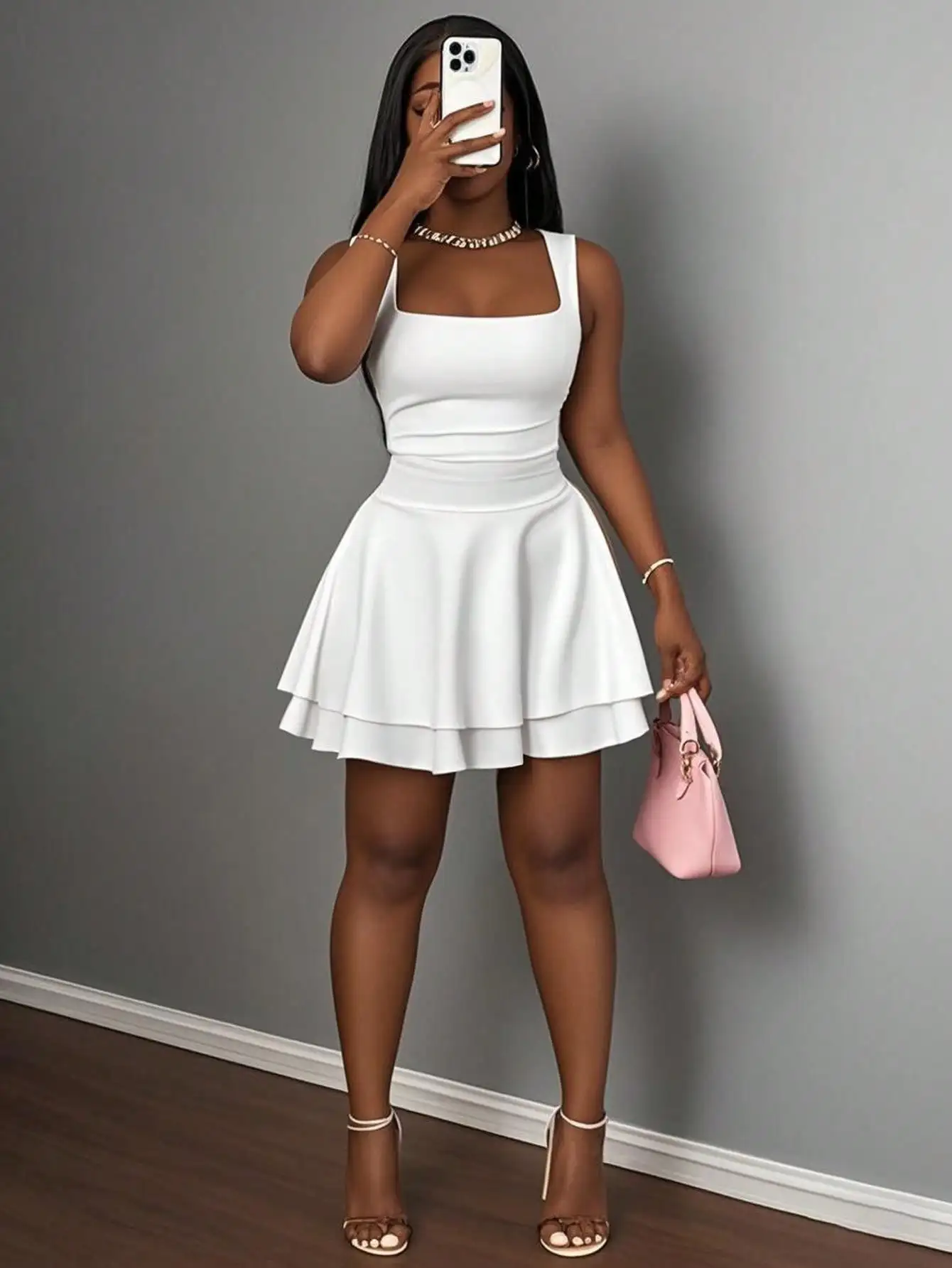 Белое мини-платье с квадратным вырезом, без рукавов, с драпировкой и расклешенной юбкой для летнего повседневного образа
Белое мини-платье с квадратным вырезом, без рукавов, с драпировкой и расклешенной юбкой для летнего повседневного образа