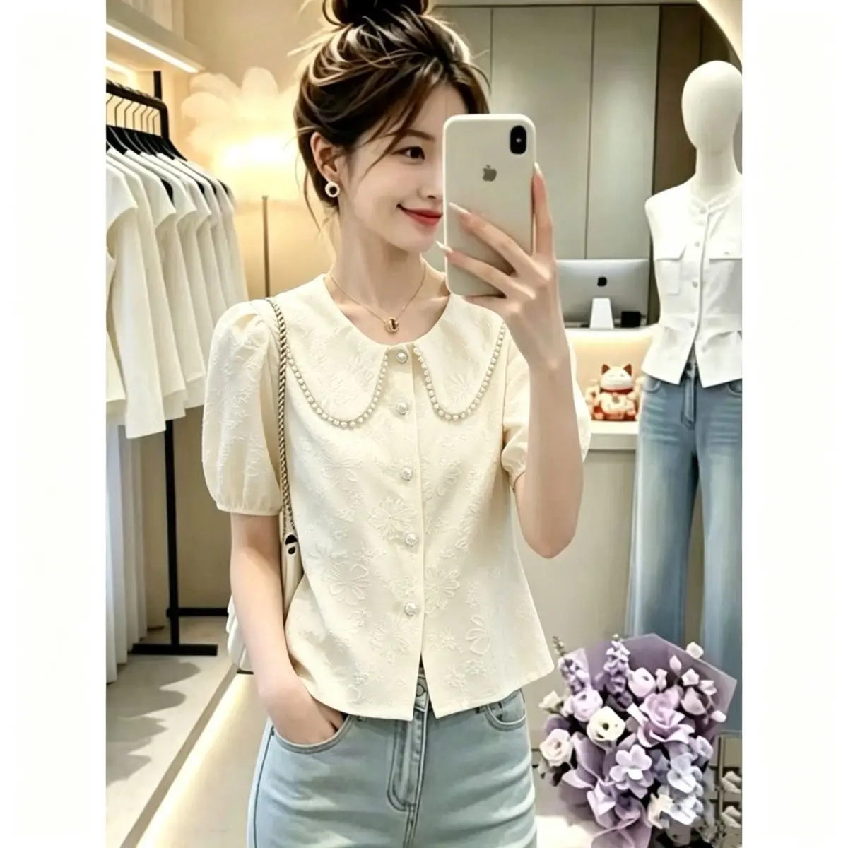 Summer New Style Age-Defying Bubble Girl Short-Sleeve Button-Up Shirt Women's Slim Fit Fashionable Cardigan Doll Collar Top
Summer New Style Age-Defying Bubble Girl Short-Sleeve Button-Up Shirt Women's Slim Fit Fashionable Cardigan Doll Collar Top