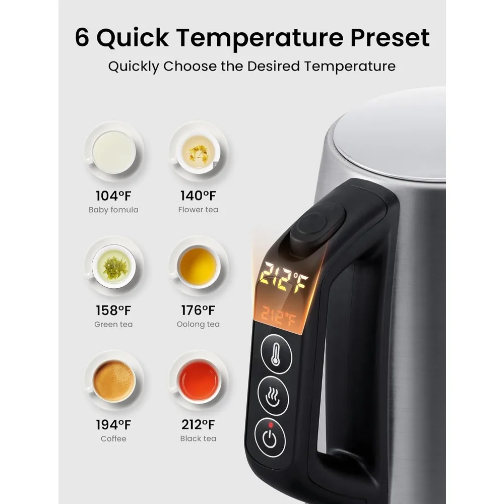 Stainless Steel Electric Kettle, Temperature Control with 6 Presets, 1-Hr Keep Warm
Stainless Steel Electric Kettle, Temperature Control with 6 Presets, 1-Hr Keep Warm