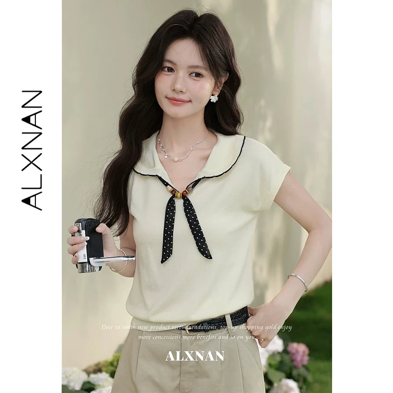 ALXNAN Knit Short Sleeve T-shirt Women 2026 Summer Navy Collar Polka Dot Beaded Ribbon T-shirts Fashion Elegant Clothing L65269
ALXNAN Knit Short Sleeve T-shirt Women 2026 Summer Navy Collar Polka Dot Beaded Ribbon T-shirts Fashion Elegant Clothing L65269