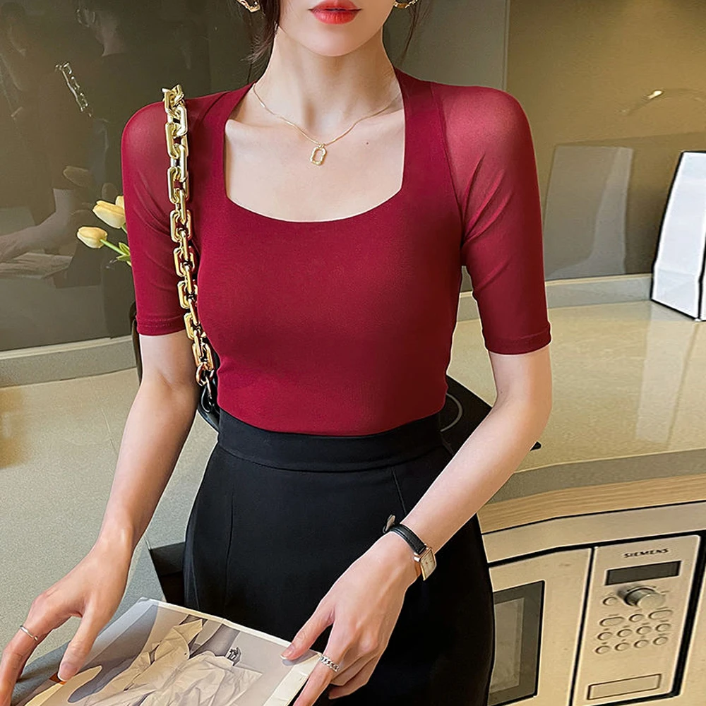 Elegant Square Neck Female Blouses Summer Short Sleeve Women T-shirt Black Red Middle Sleeve Slim Stretch Tops Ladies Sexy Tees
Elegant Square Neck Female Blouses Summer Short Sleeve Women T-shirt Black Red Middle Sleeve Slim Stretch Tops Ladies Sexy Tees