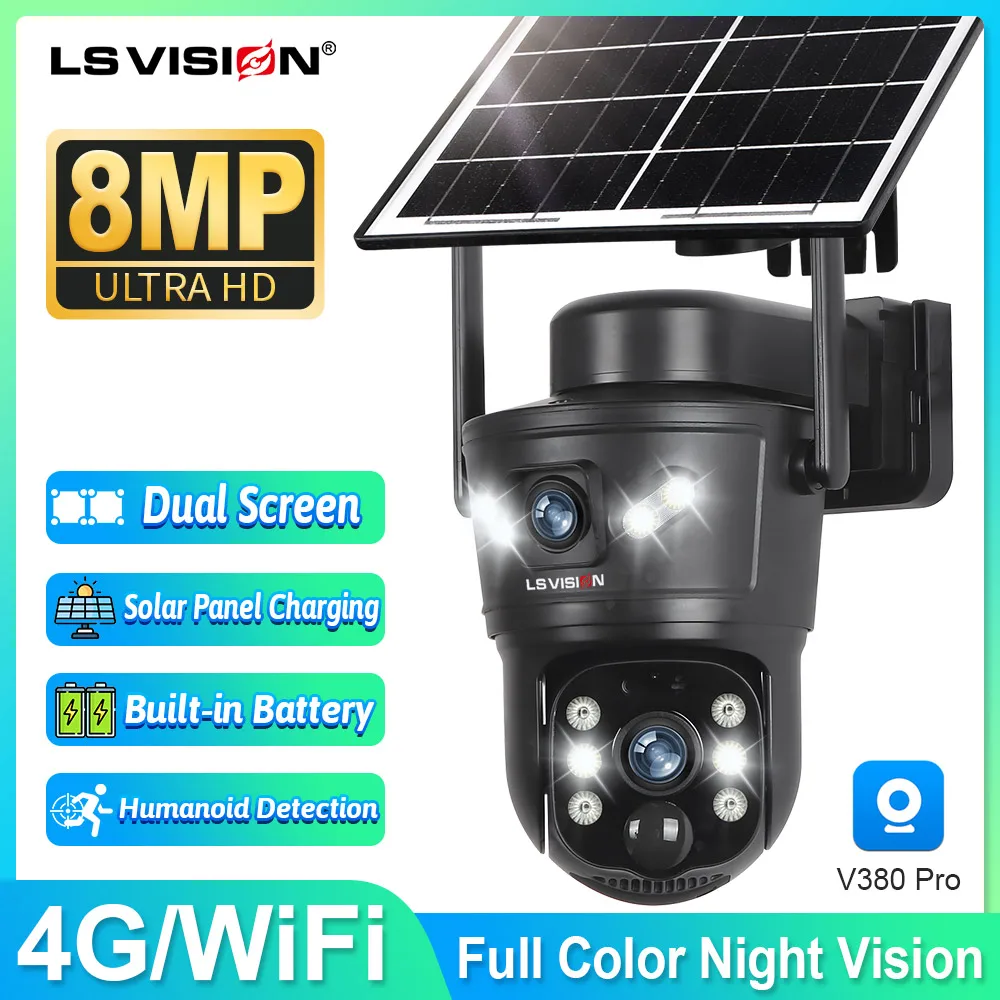 LS VISION 4G / WiFi Solar Camera Dual Lens Outdoor 8MP 4K Low Power Battery IP Camera PIR Night Vision V380 Pro CCTV Security
LS VISION 4G / WiFi Solar Camera Dual Lens Outdoor 8MP 4K Low Power Battery IP Camera PIR Night Vision V380 Pro CCTV Security