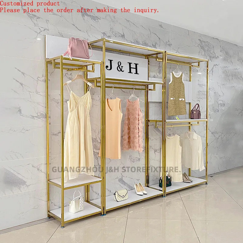 Fashion Women Clothes Shop Display Rack Custom logo Design Golden Metal Clothes Hanging Shelves Stand
Fashion Women Clothes Shop Display Rack Custom logo Design Golden Metal Clothes Hanging Shelves Stand
