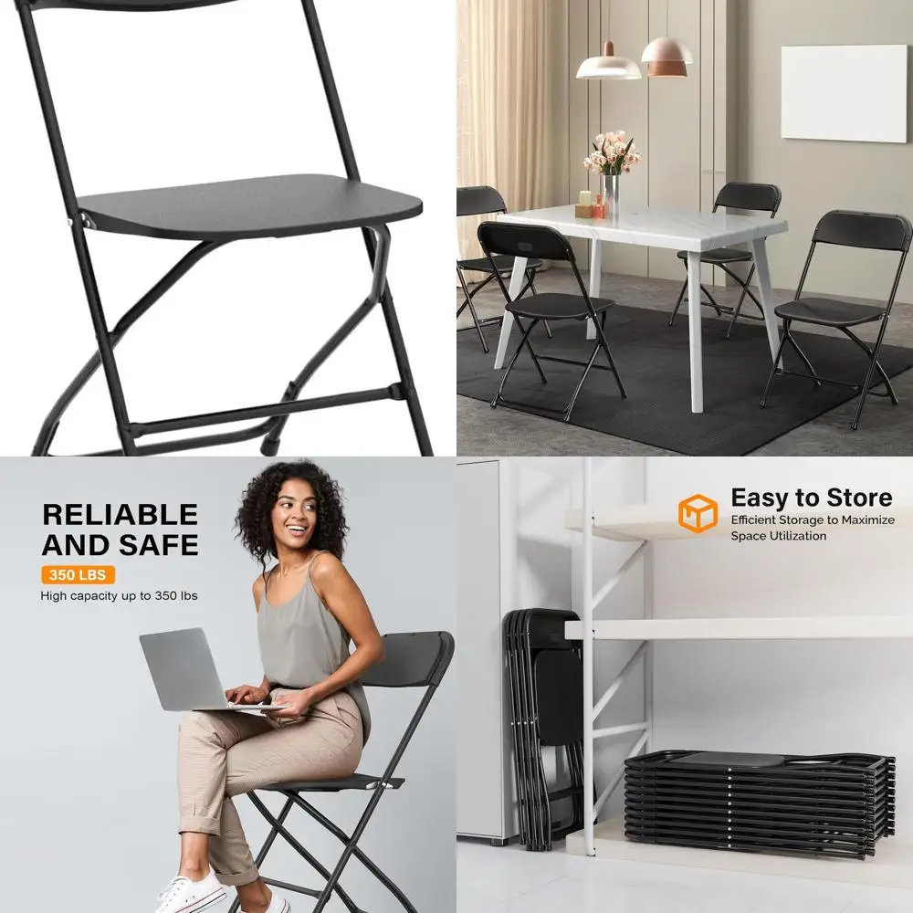Stackable Black Plastic Folding Chairs with Steel Frame, 350lb Capacity for Outdoor/Indoor Use, Ideal for Events, Office, Weddin
Stackable Black Plastic Folding Chairs with Steel Frame, 350lb Capacity for Outdoor/Indoor Use, Ideal for Events, Office, Weddin