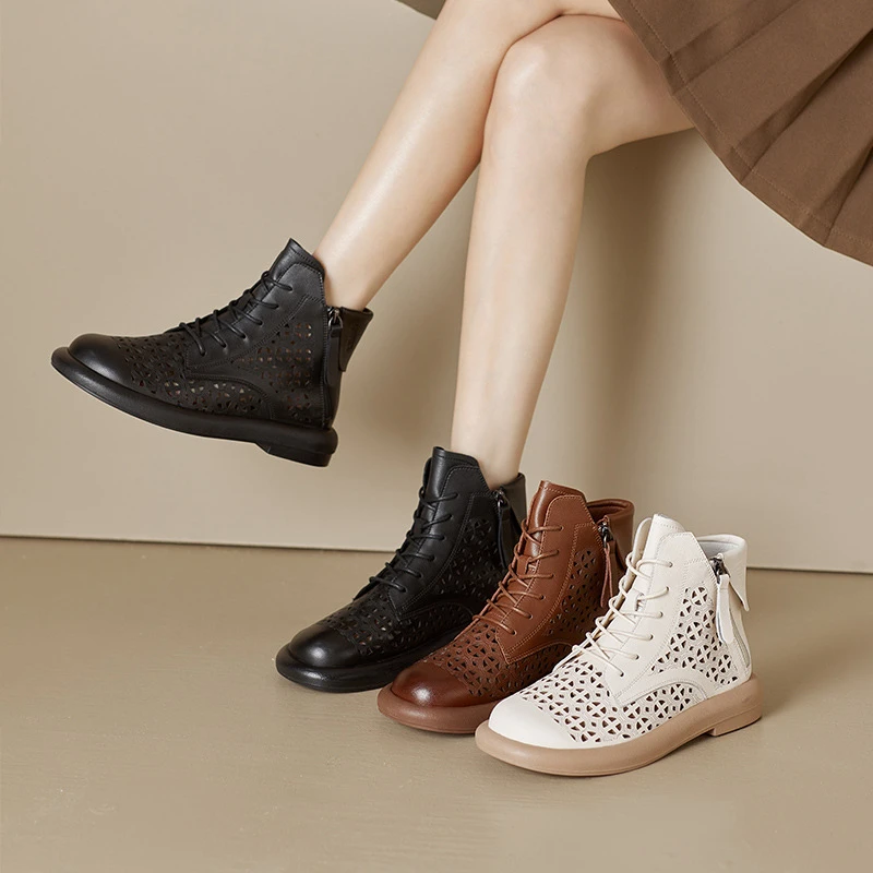 Women Perforated Leather Ankle Boots 2026 New Lace Up With Side Zipper Flat Sole In Black Brown And White For Summer Fashion
Women Perforated Leather Ankle Boots 2026 New Lace Up With Side Zipper Flat Sole In Black Brown And White For Summer Fashion