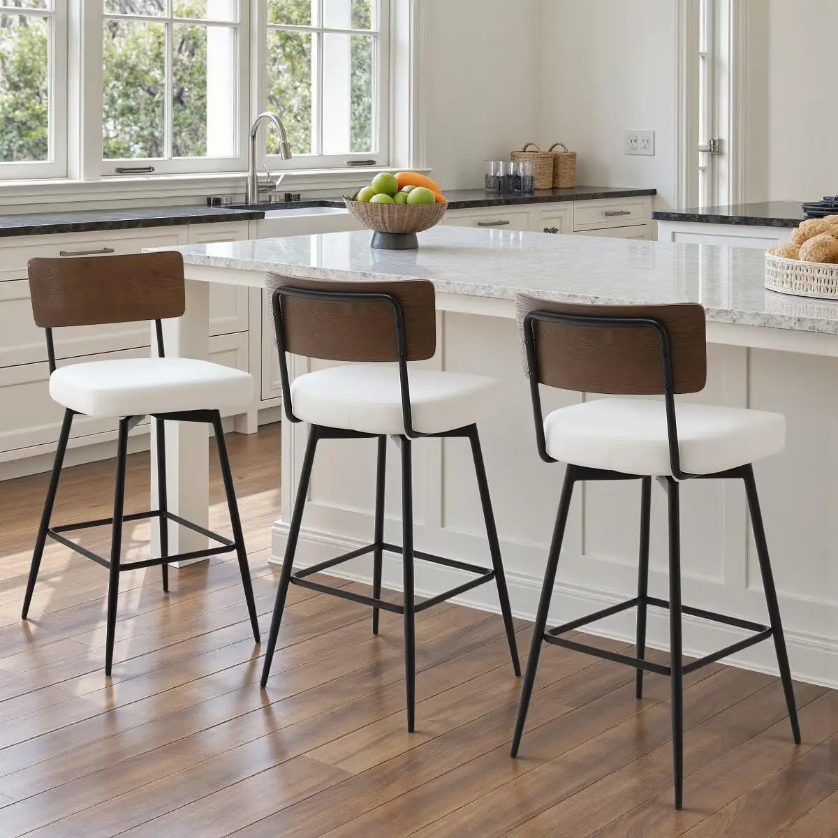 26in Swivel Counter Stool Wood Back Faux Leather Metal Legs Mid Century Kitchen Island White, Customized
26in Swivel Counter Stool Wood Back Faux Leather Metal Legs Mid Century Kitchen Island White, Customized
