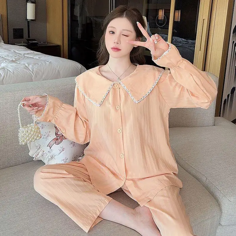 New Hot Spring Autumn Pajamas Set Cotton Women Homewear Ins Princess Style Sweet Peter Pan Collar Long Sleeve Thin Sleepwear
New Hot Spring Autumn Pajamas Set Cotton Women Homewear Ins Princess Style Sweet Peter Pan Collar Long Sleeve Thin Sleepwear