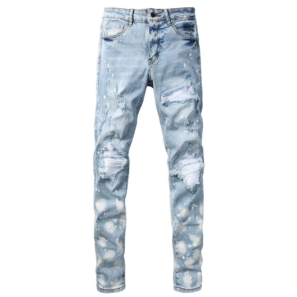 Men's Skinny Denim Jeans Streetwear Bleached Light Blue Pants Patch Holes Ripped Distressed Slim Tapered Trousers
Men's Skinny Denim Jeans Streetwear Bleached Light Blue Pants Patch Holes Ripped Distressed Slim Tapered Trousers