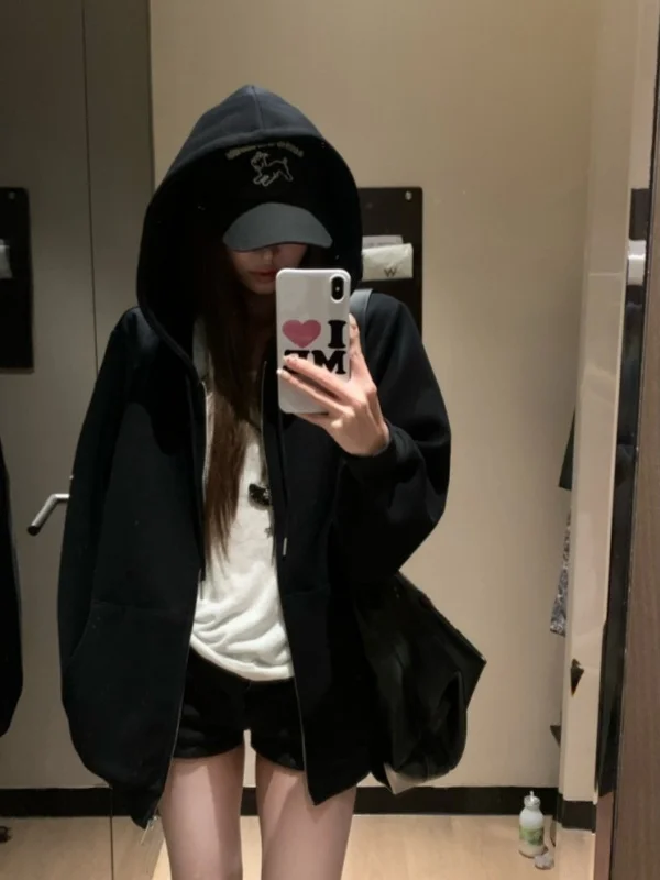 Laid-ba Sle Zipper Hooded Bla Sweatirt Jaet Women's Autumn Medium Length American Loose ey Open Cardigan Top
Laid-ba Sle Zipper Hooded Bla Sweatirt Jaet Women's Autumn Medium Length American Loose ey Open Cardigan Top